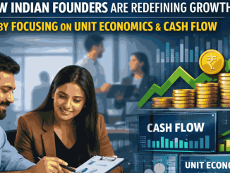 Indian startup founders reviewing financial charts in an office setting, with visual overlays of rising graphs, cash flow metrics, unit economics data, CAC indicators, and Indian rupee symbols illustrating a shift toward sustainable, profitability-focused growth.