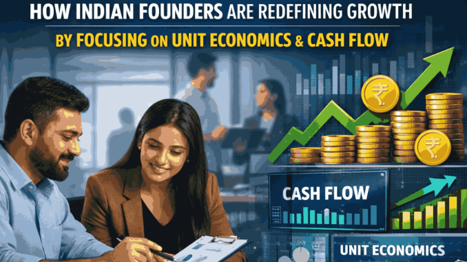 Indian startup founders reviewing financial charts in an office setting, with visual overlays of rising graphs, cash flow metrics, unit economics data, CAC indicators, and Indian rupee symbols illustrating a shift toward sustainable, profitability-focused growth.