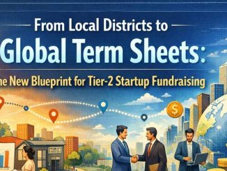 Editorial illustration showing Tier-2 Indian startups evolving into globally funded companies, with local founders and incubators transitioning into international investors and digital term sheets.