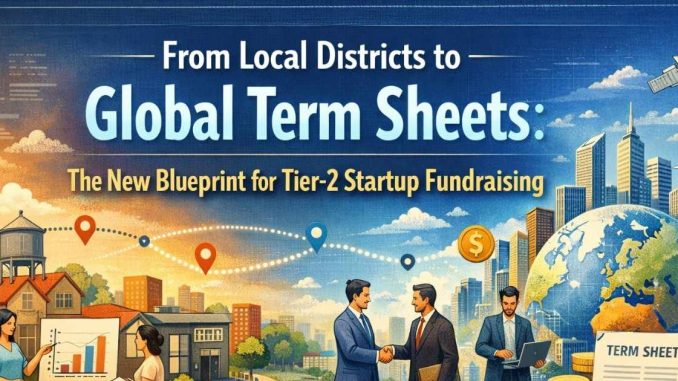 Editorial illustration showing Tier-2 Indian startups evolving into globally funded companies, with local founders and incubators transitioning into international investors and digital term sheets.
