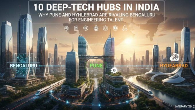 Illustration of India’s major deep-tech hubs highlighting Bengaluru, Pune, and Hyderabad as emerging centres of engineering talent and innovation.