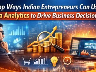 Indian entrepreneurs analyzing data on digital dashboards with charts and graphs, representing data-driven business decisions.