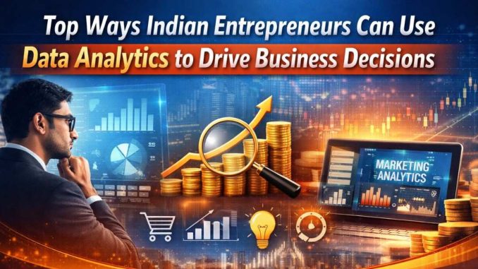 Indian entrepreneurs analyzing data on digital dashboards with charts and graphs, representing data-driven business decisions.