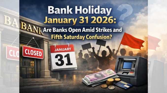 Bank building closed with a calendar showing January 31, 2026, protest silhouettes, ATM, and cash, representing bank holiday and strikes.
