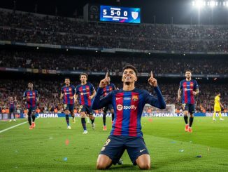 Barcelona vs Athletic Club highlights showing Lamine Yamal celebrating a goal in the 5-0 Spanish Super Cup victory