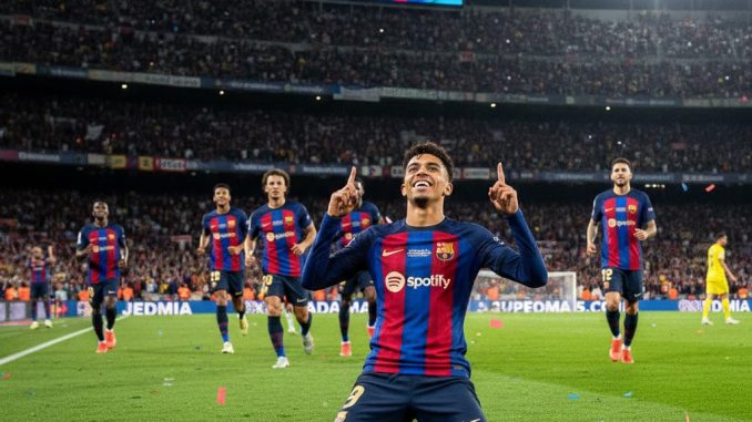 Barcelona vs Athletic Club highlights showing Lamine Yamal celebrating a goal in the 5-0 Spanish Super Cup victory