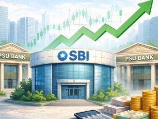 Illustration of bank buildings with an upward market trend.