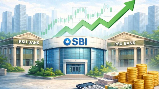 Illustration of bank buildings with an upward market trend.