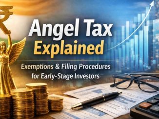 Illustration showing an angel statue holding a rupee symbol beside stacked coins, tax documents, a calculator and pen, with an upward financial chart and an Indian city skyline in the background, representing angel tax exemptions and compliance for early-stage investors.