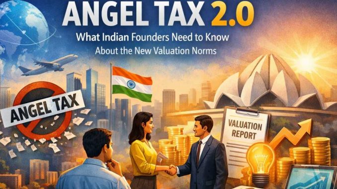 Illustration showing Indian startup founders and investors shaking hands amid rising coins, valuation reports, growth charts, and Indian landmarks, symbolising Angel Tax 2.0 and new startup valuation norms in India.