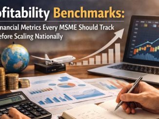Illustration of MSME business owners analyzing profitability metrics on digital dashboards while planning national expansion, with charts, financial graphs, and an outline of India in the background.