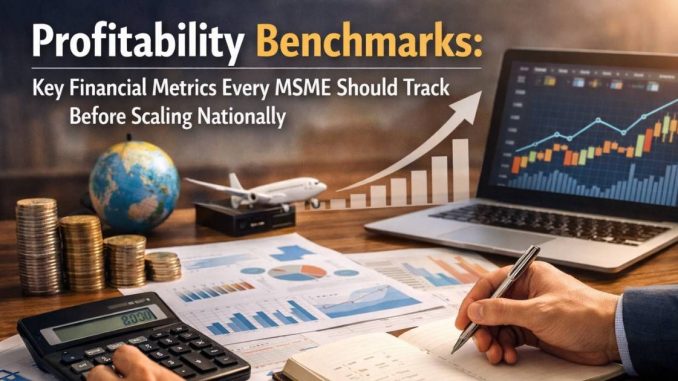 Illustration of MSME business owners analyzing profitability metrics on digital dashboards while planning national expansion, with charts, financial graphs, and an outline of India in the background.